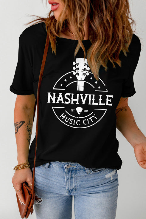 Black Nashville Music City Graphic Print Crew Neck T Shirt